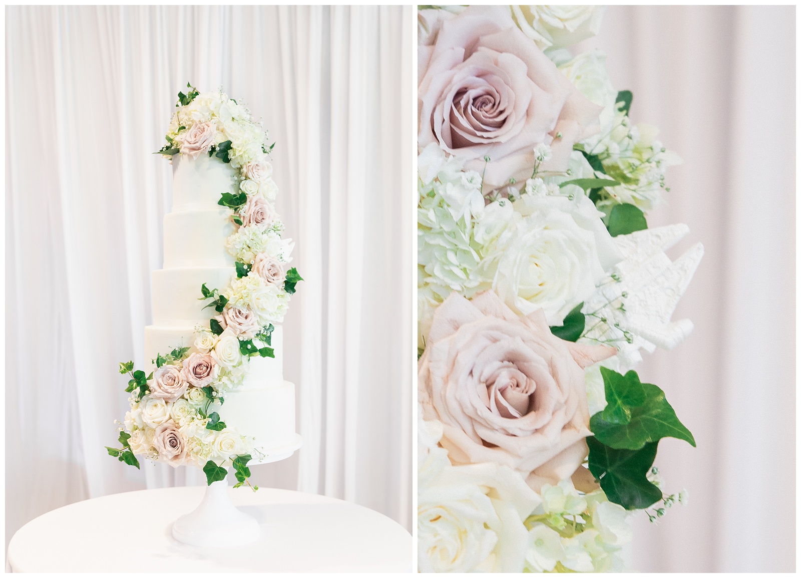 Elegant 6-layer wedding cake with beautiful flowers | Matlock and Kelly Photography