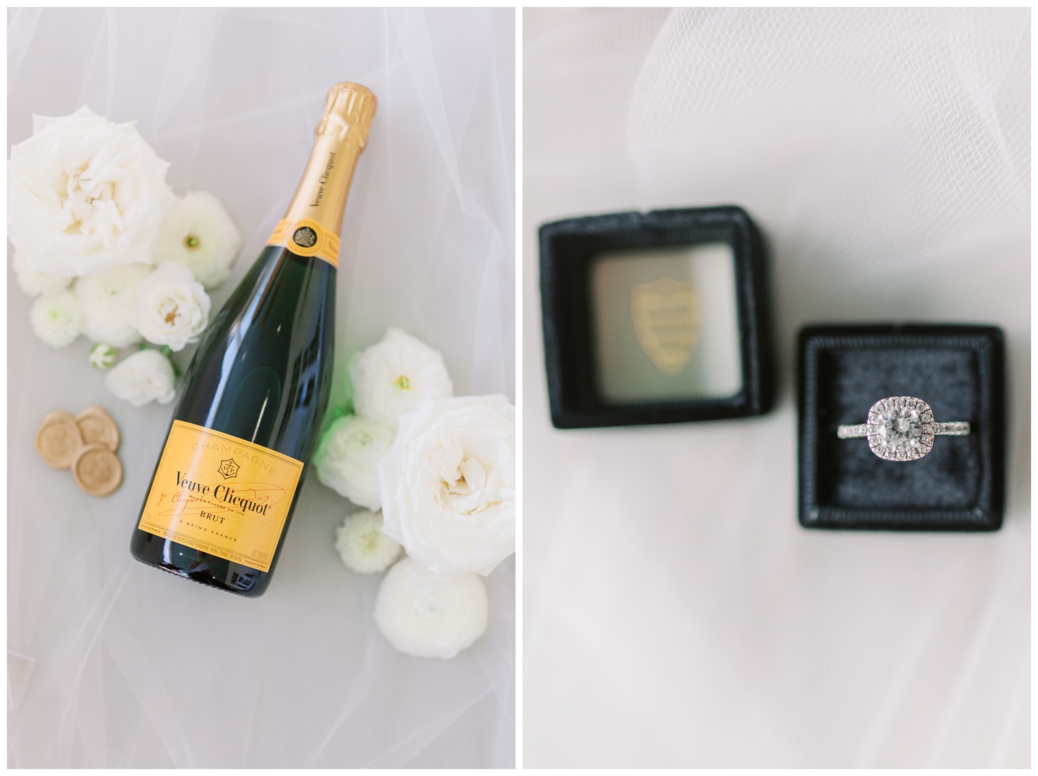 Wedding champagne flat lay and The Mrs Box ring
