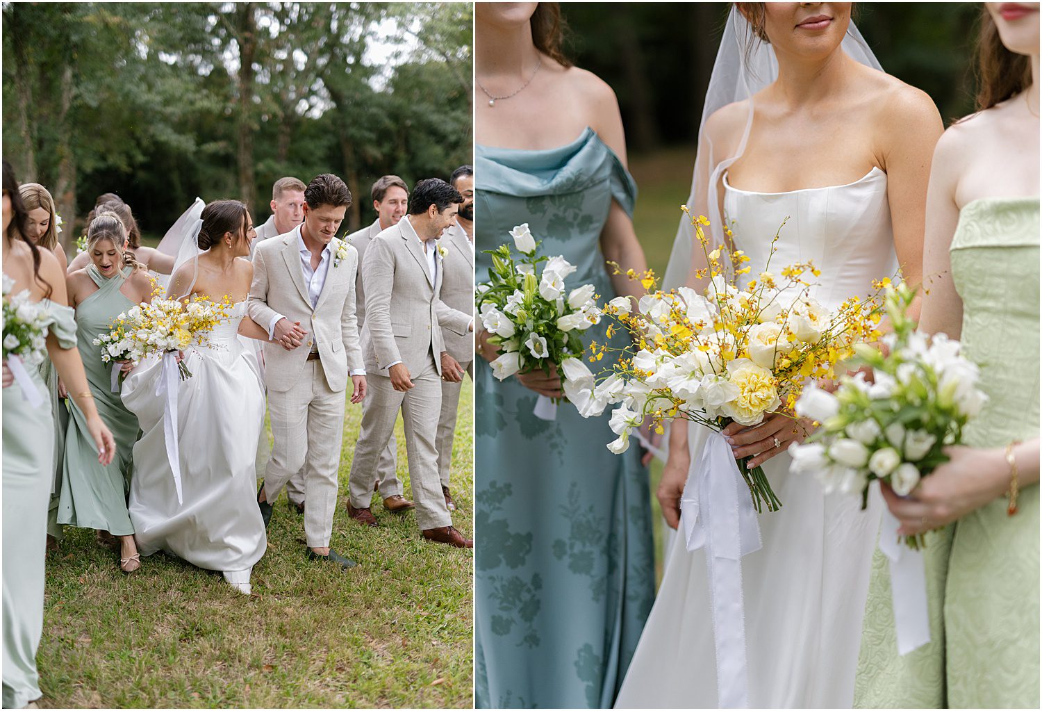 Bridesmaids in yellow and green in Fairhope, Alabama