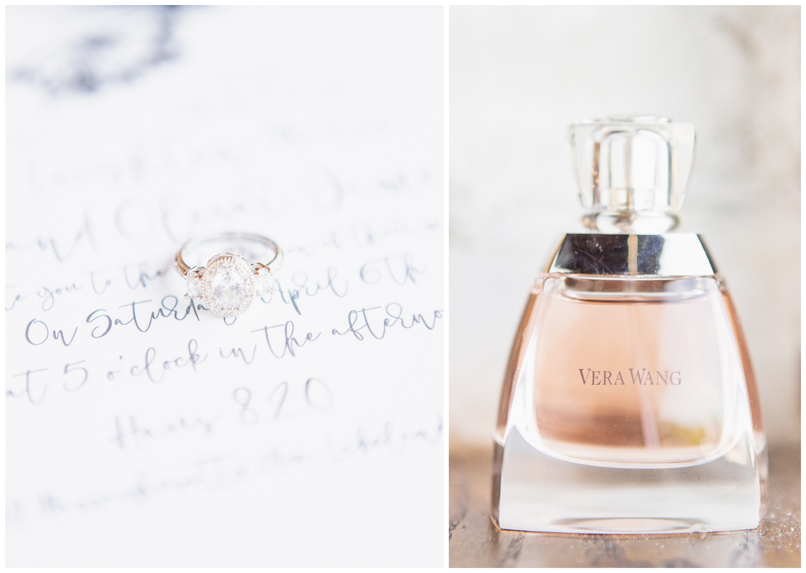 Why we edit light and airy vs dark and moody - ring on invitation and designer perfume