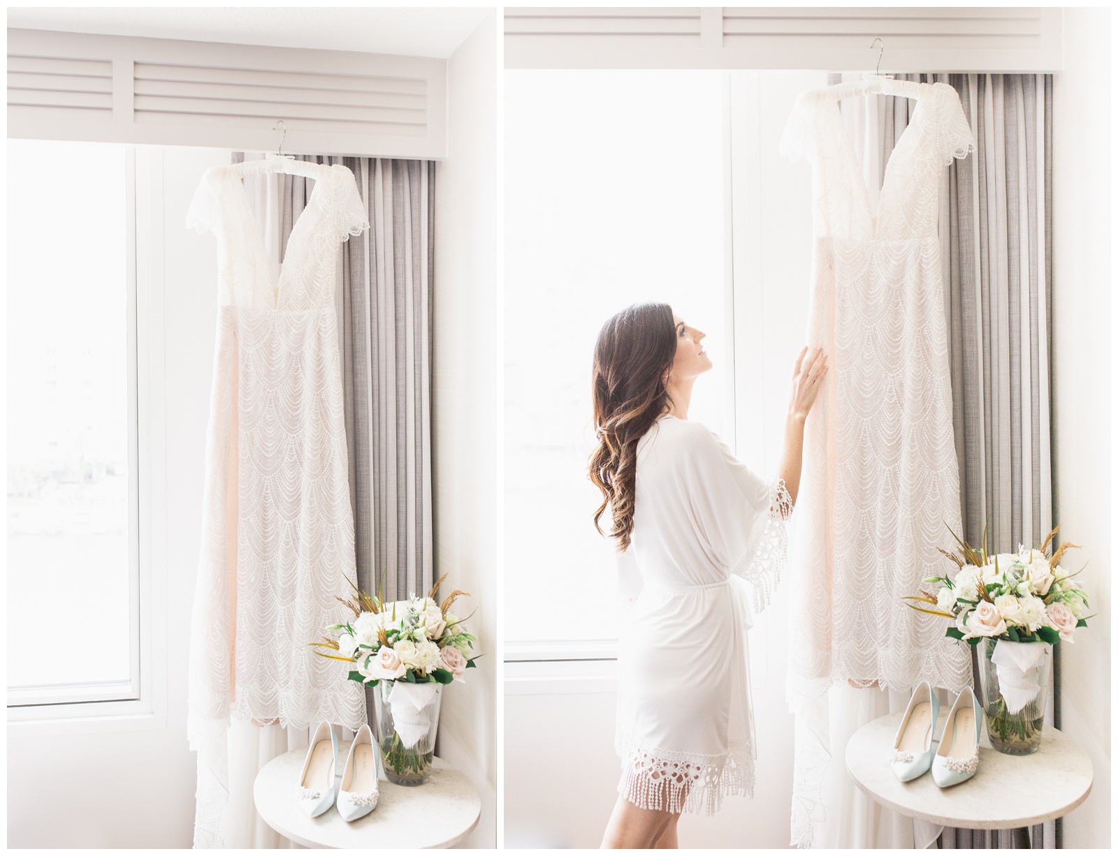 Vintage wedding dress hanging with shoes and bride's bouquet | Matlock and Kelly Photography