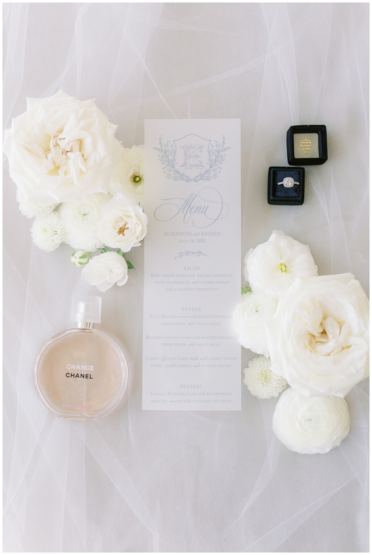 Wedding flat lay with reception menu, perfume and ring