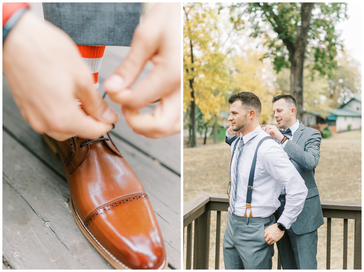 Groom tying shoes and getting ready for wedding ceremony