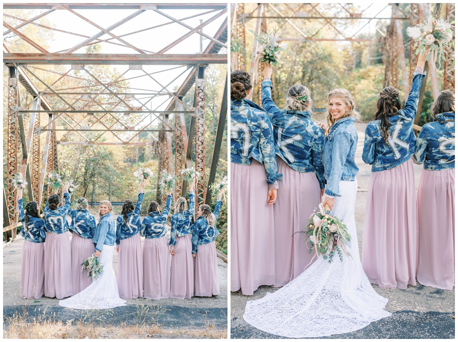 Bride with bridesmaids with jean jackets