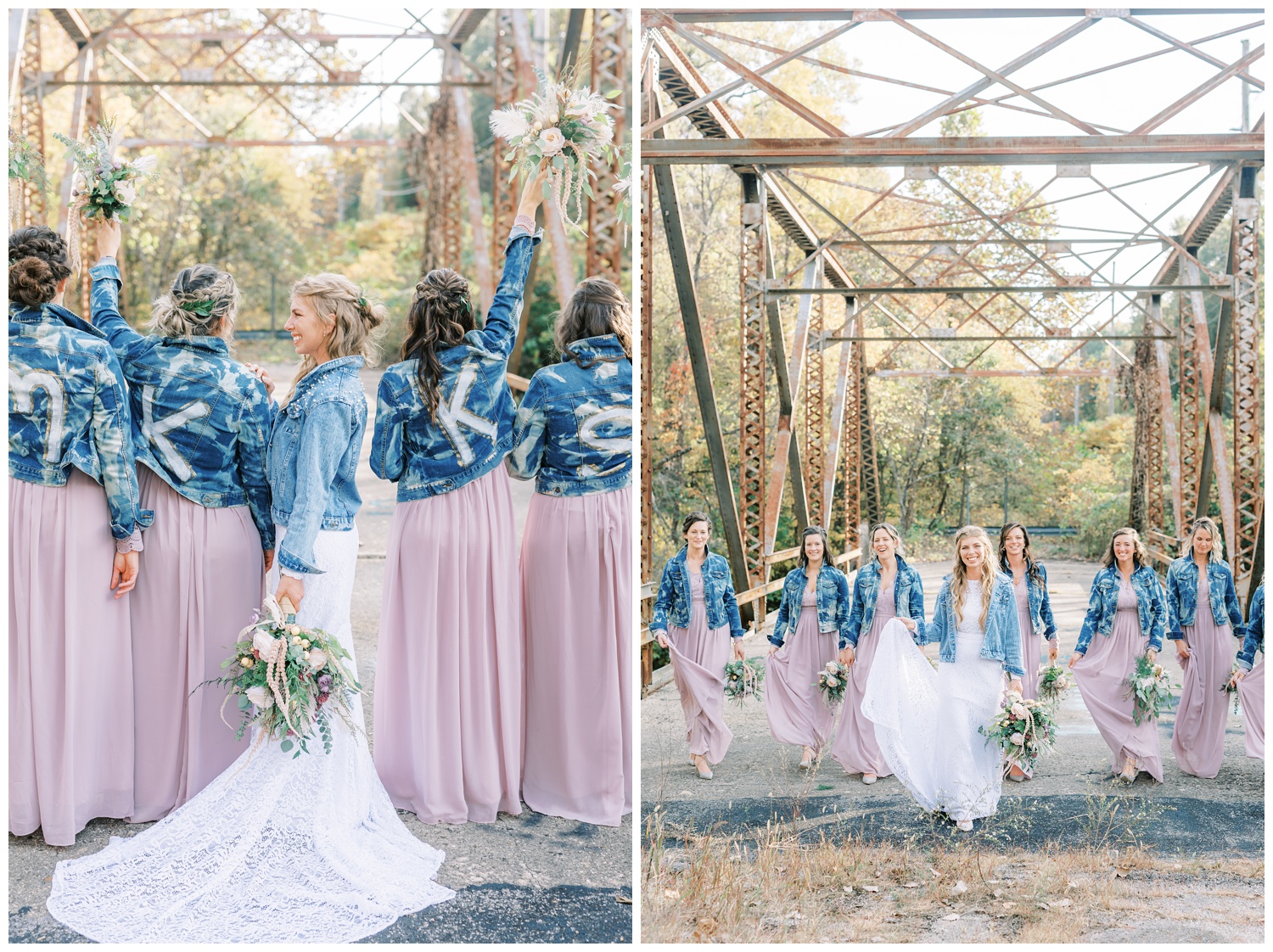 Bride with bridesmaids with jean jackets on