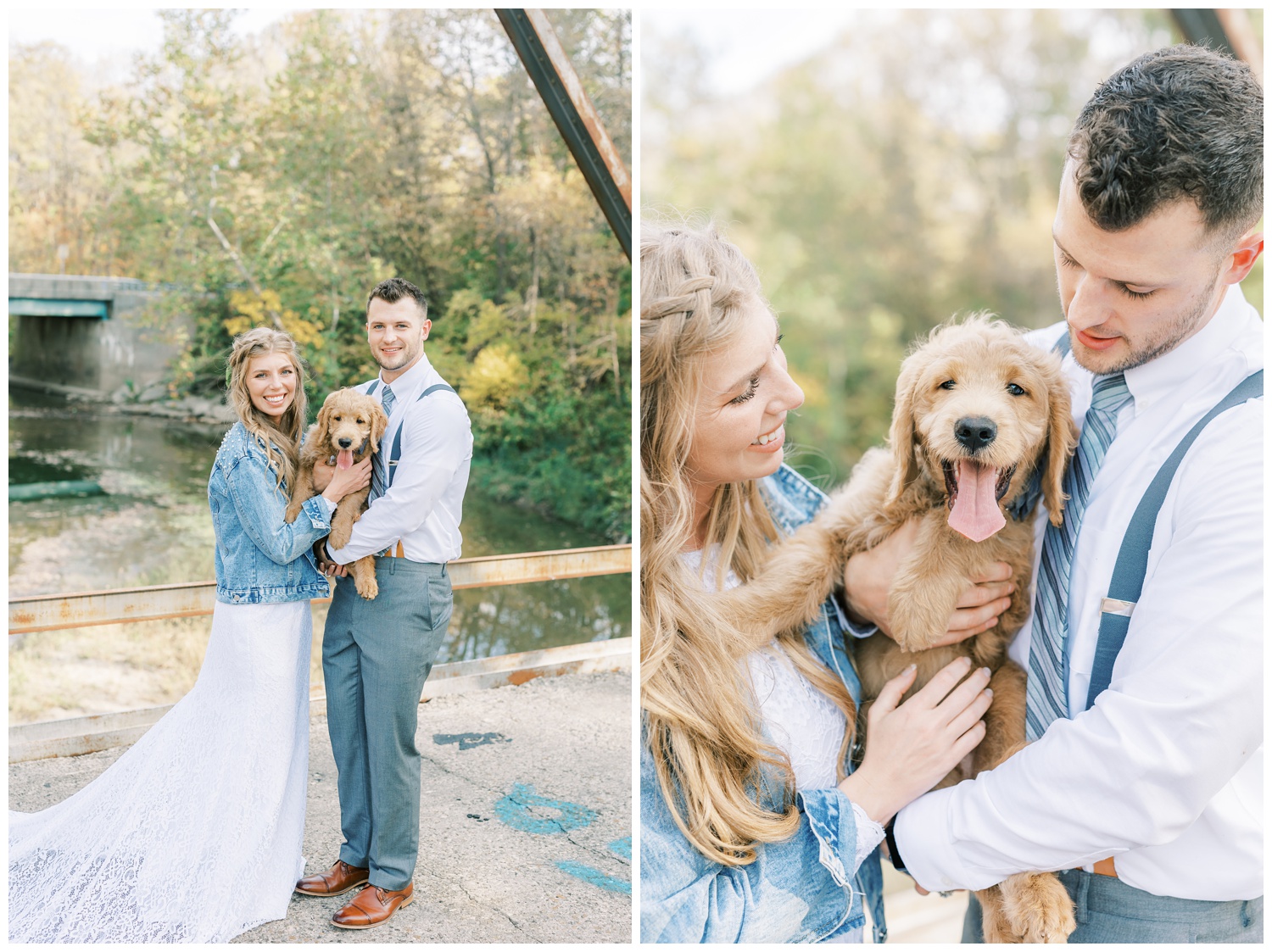 Bride and groom with puppy