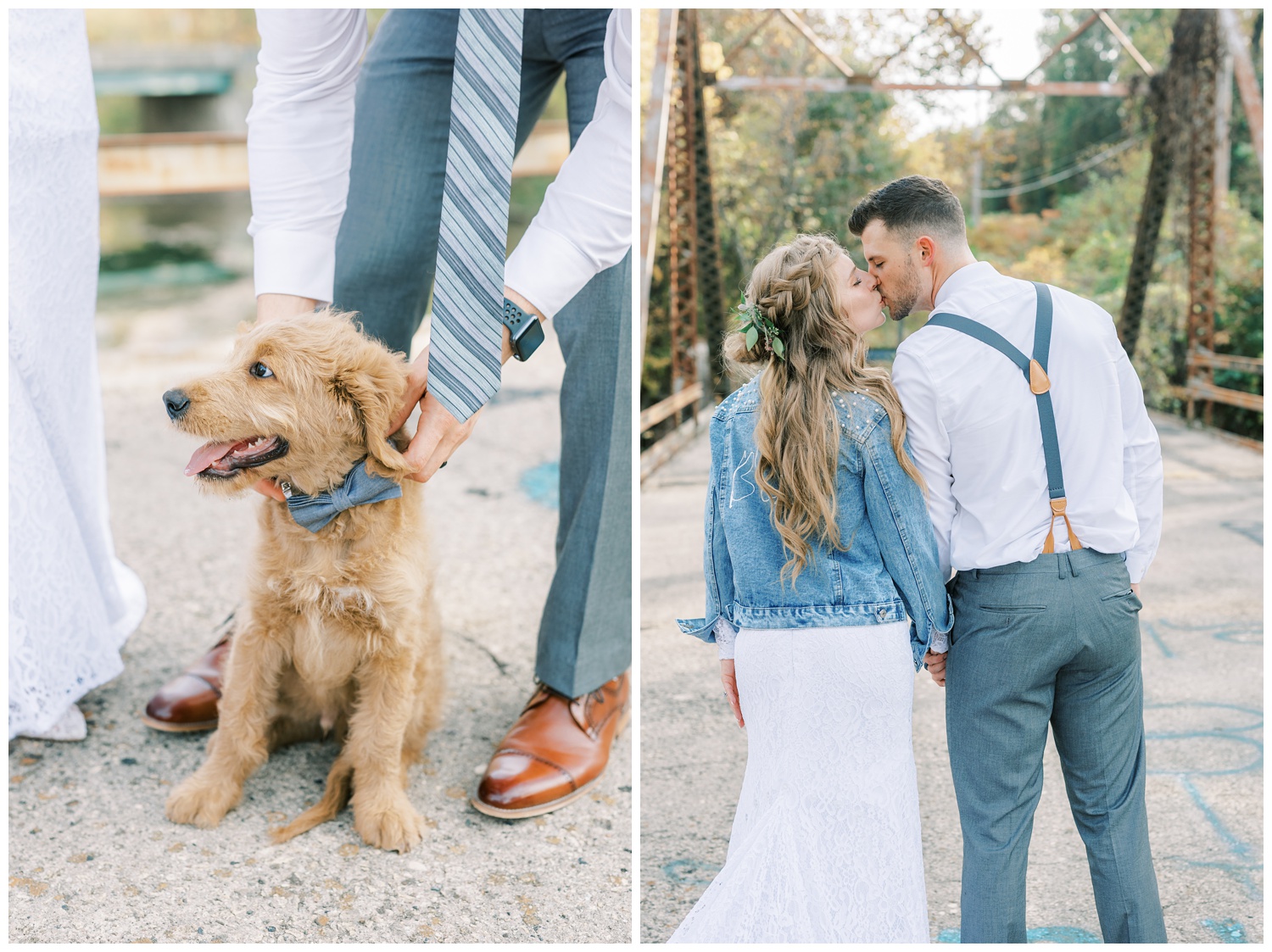 Bride and groom with puppy at Illinois wedding
