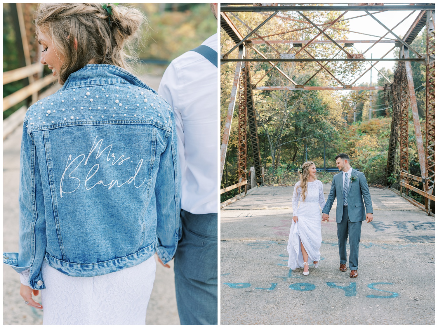 Bride wearing jean Mrs jacket and walking with groom
