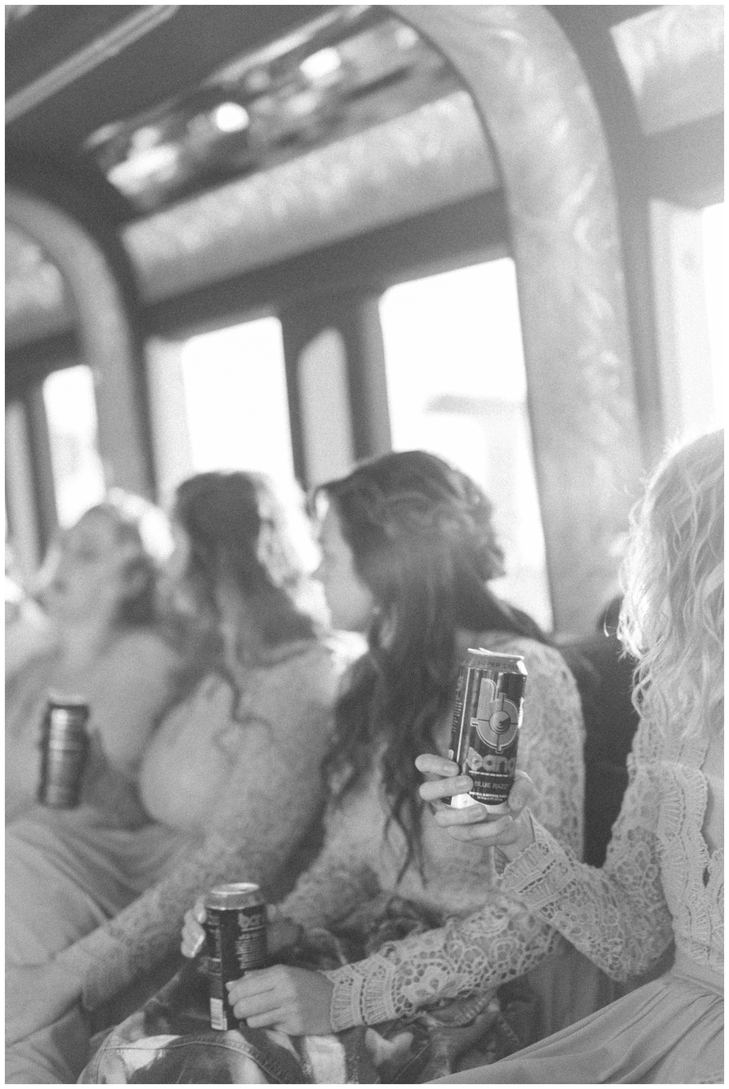 Party bus with bridal party driving to reception