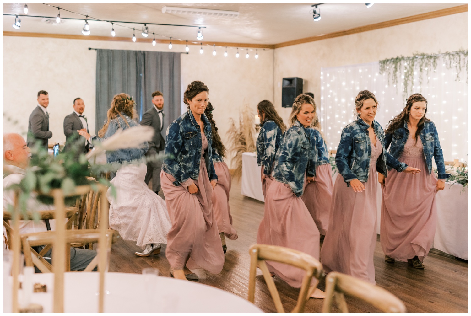 Line dancing at Illinois wedding reception