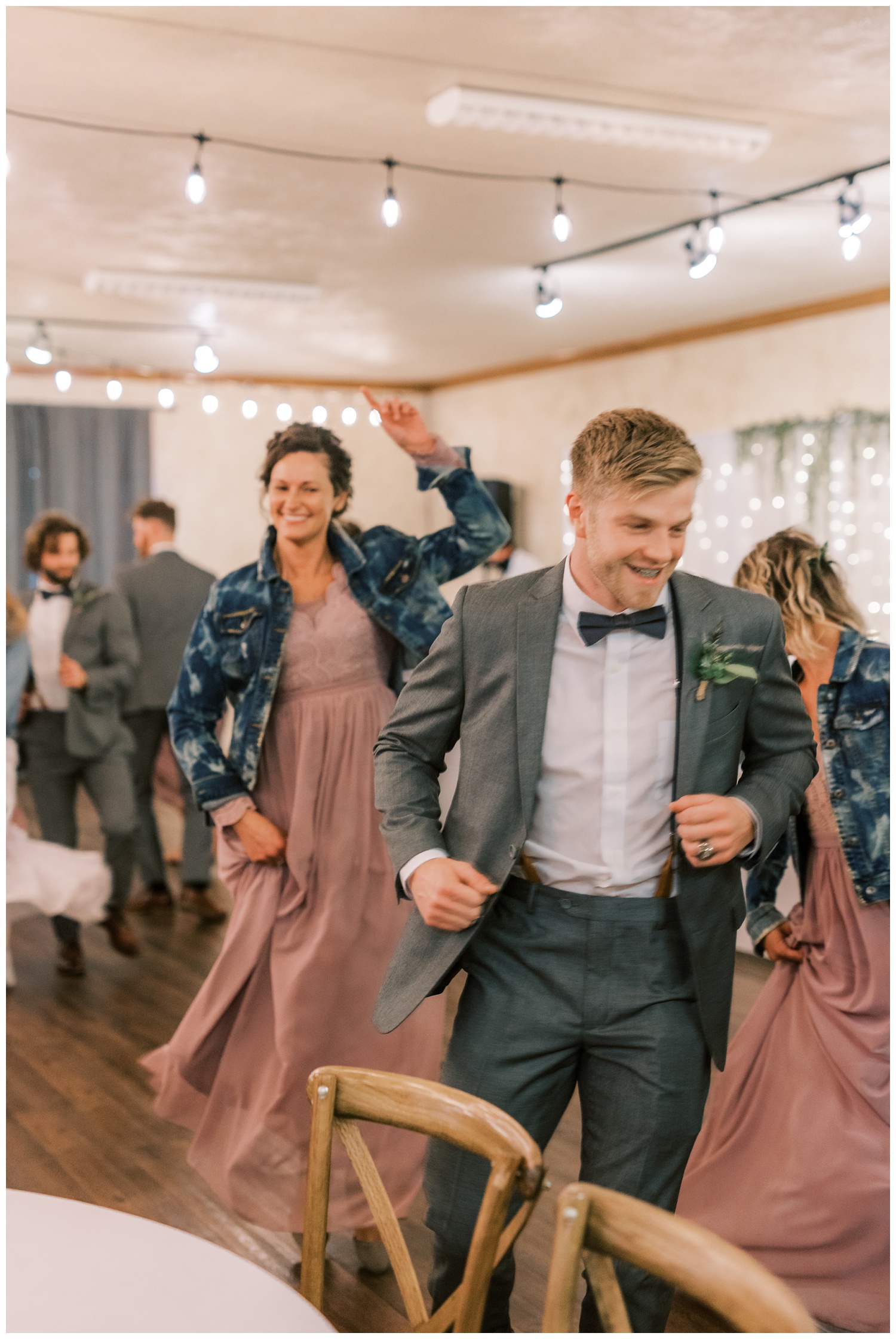 Line dancing at Illinois wedding reception