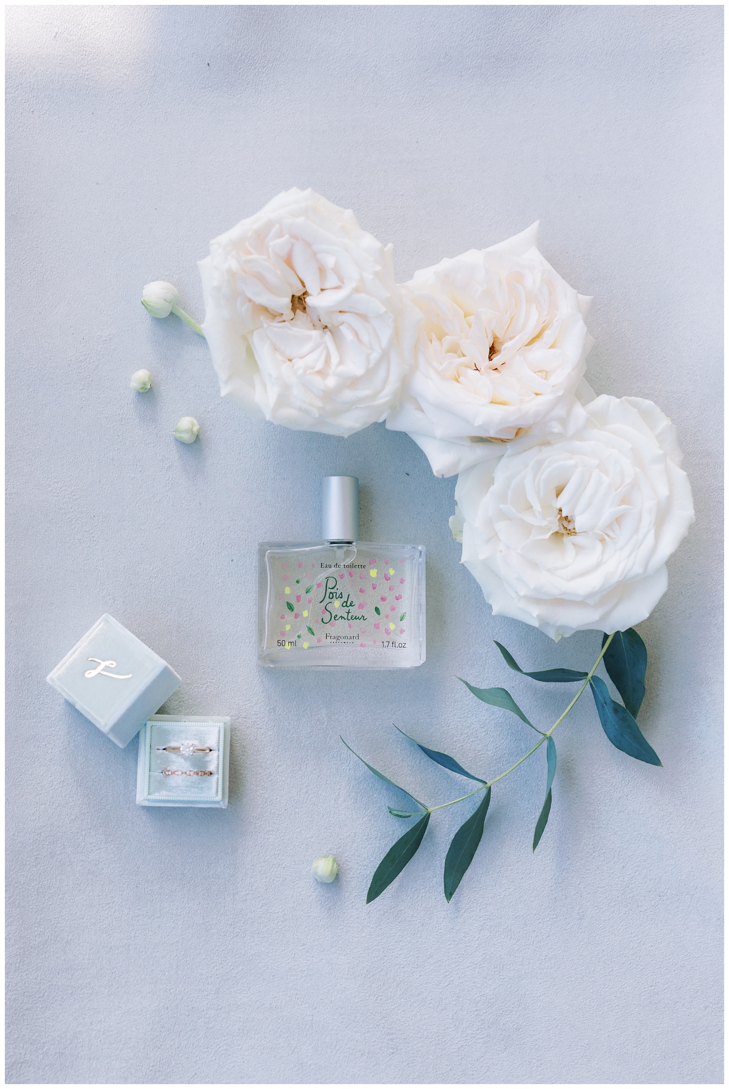 Fragonard perfume with florals and Mrs Box on wedding day