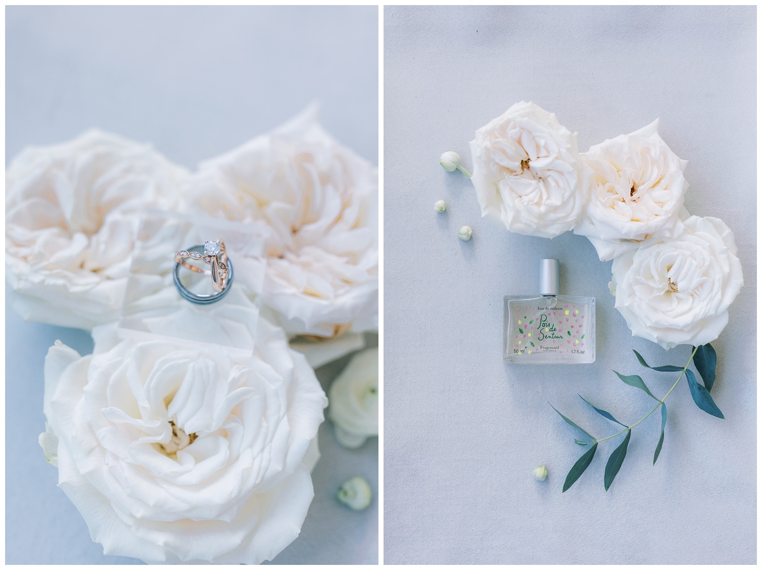 Wedding rings and perfume with wedding flowers flat lay