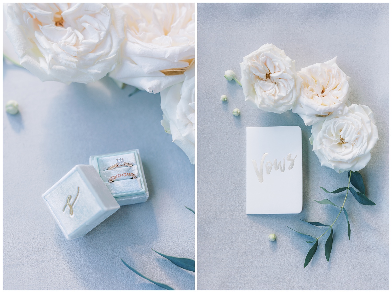 Wedding rings in Mrs Box and vow book with wedding flowers