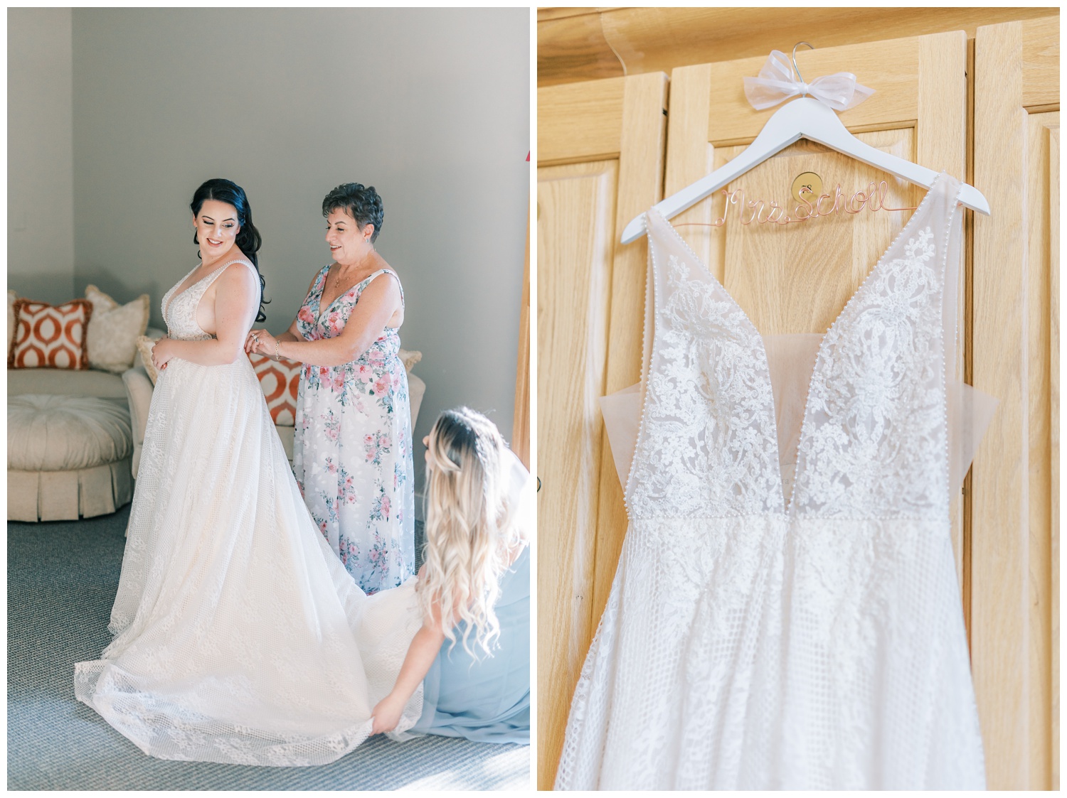 Bride putting her dress on with mother and maid of honor