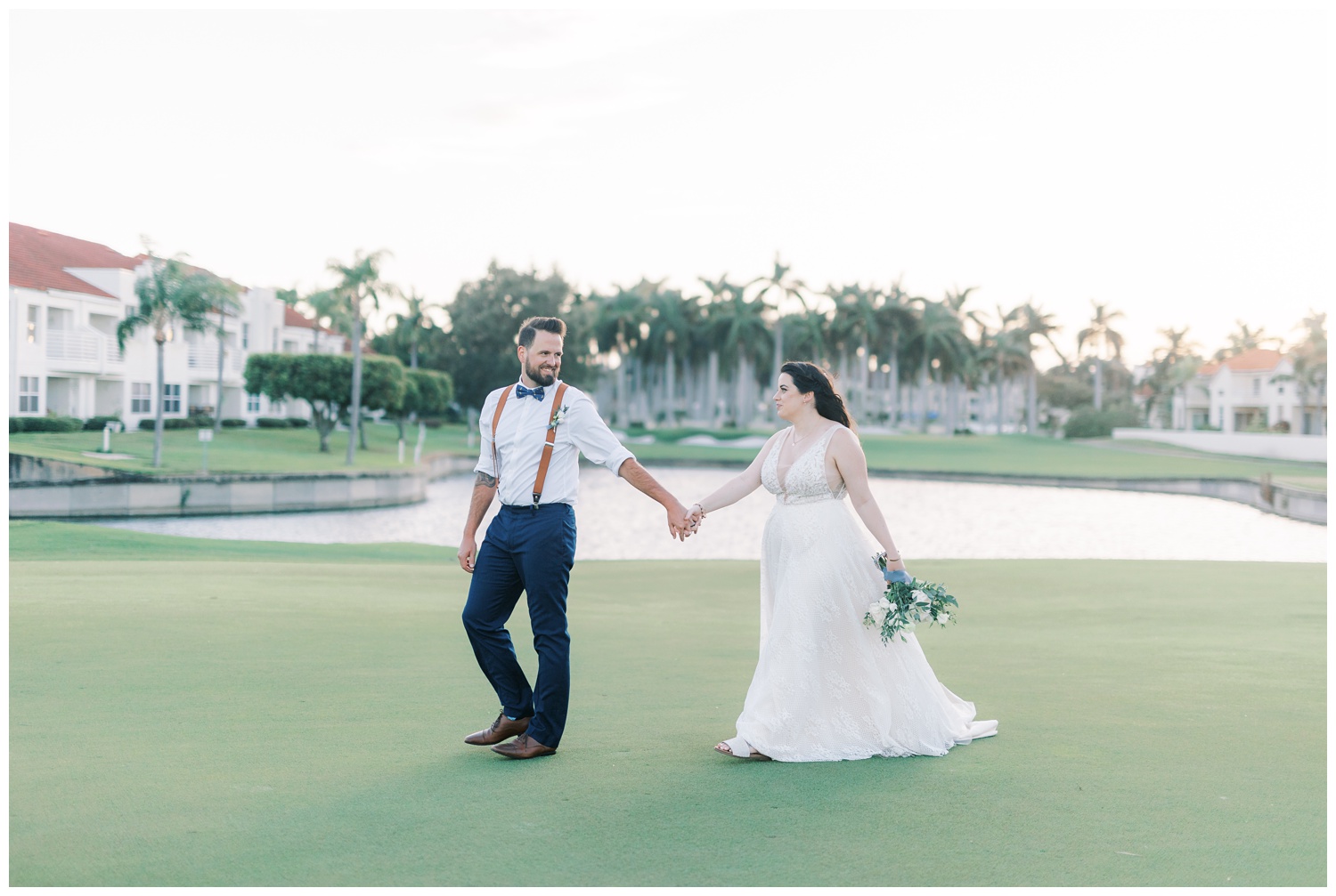 Bride and groom portraits on golf course at Isla Del Sol