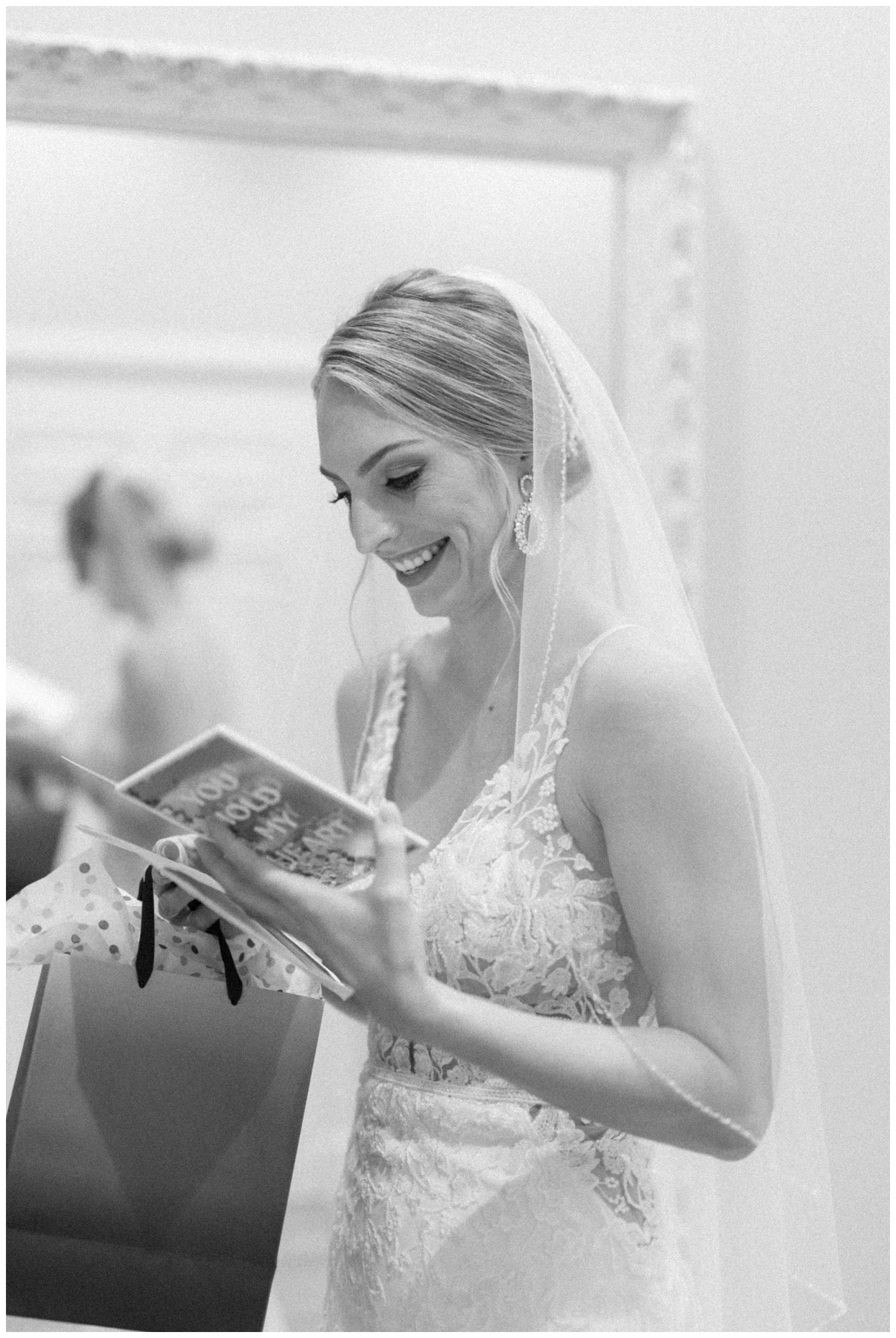 Bride reading note from groom